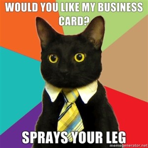 business cat business card pee on your leg