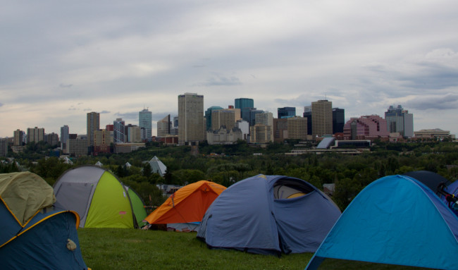 I like the juxtaposition between the skyline of the 2 cities, Edmonton and Folk Fest tent city.