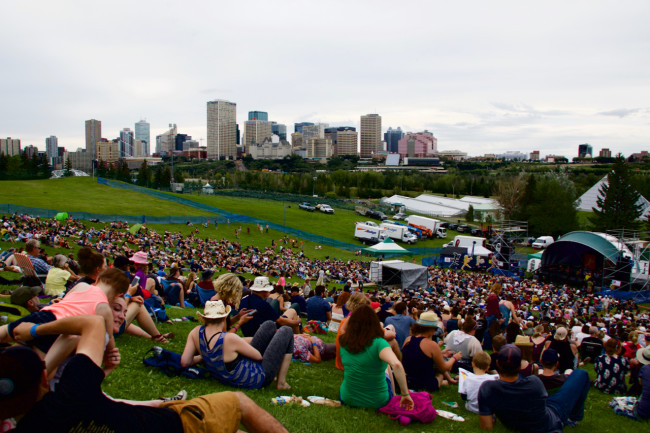 Stage 6 at Folk Fest with a view of the Downtown skyline.